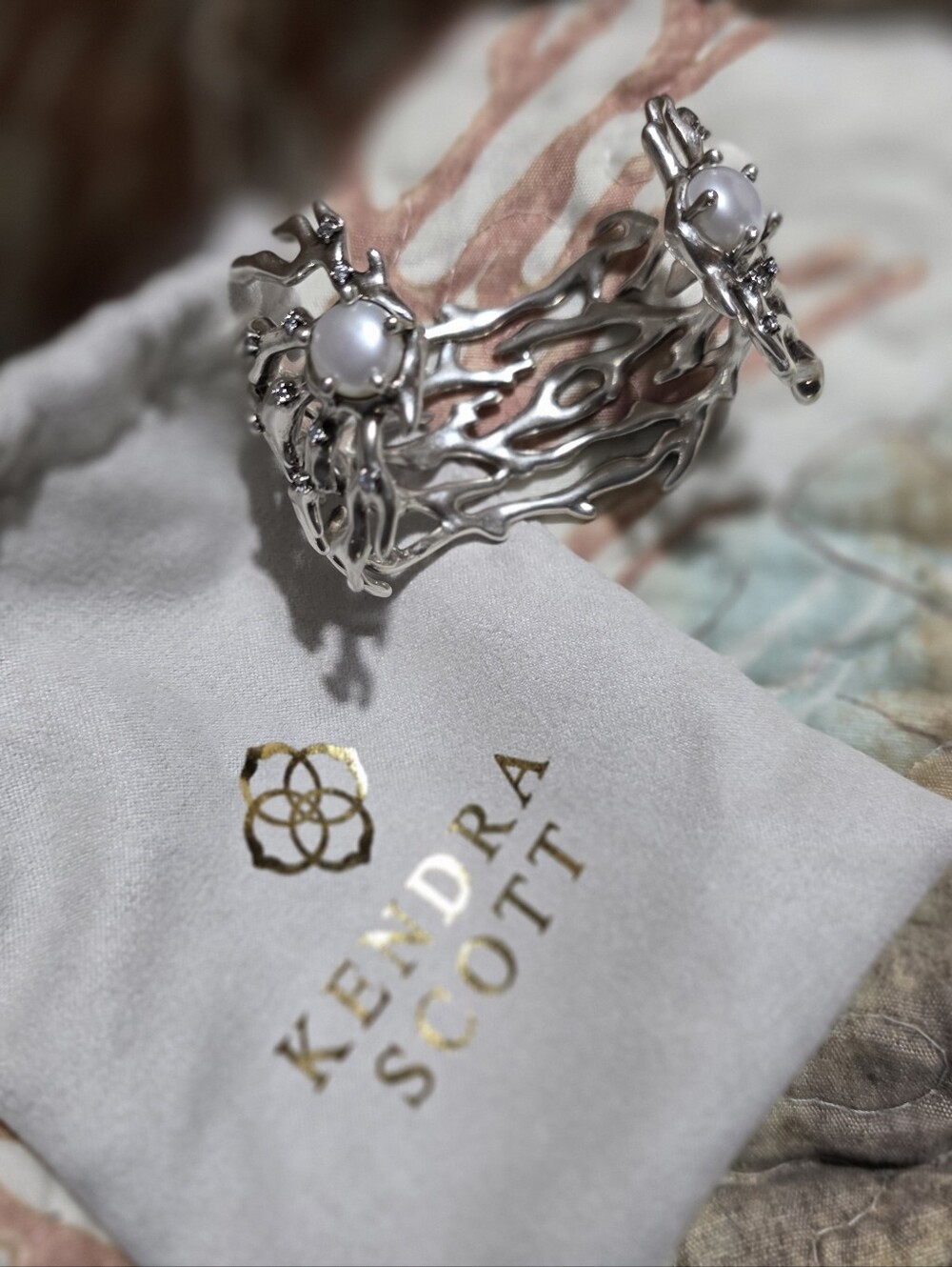 KENDRA SCOTT Shea Pavé & Cultured Freshwater Pearl Statement Cuff Vintage Silver